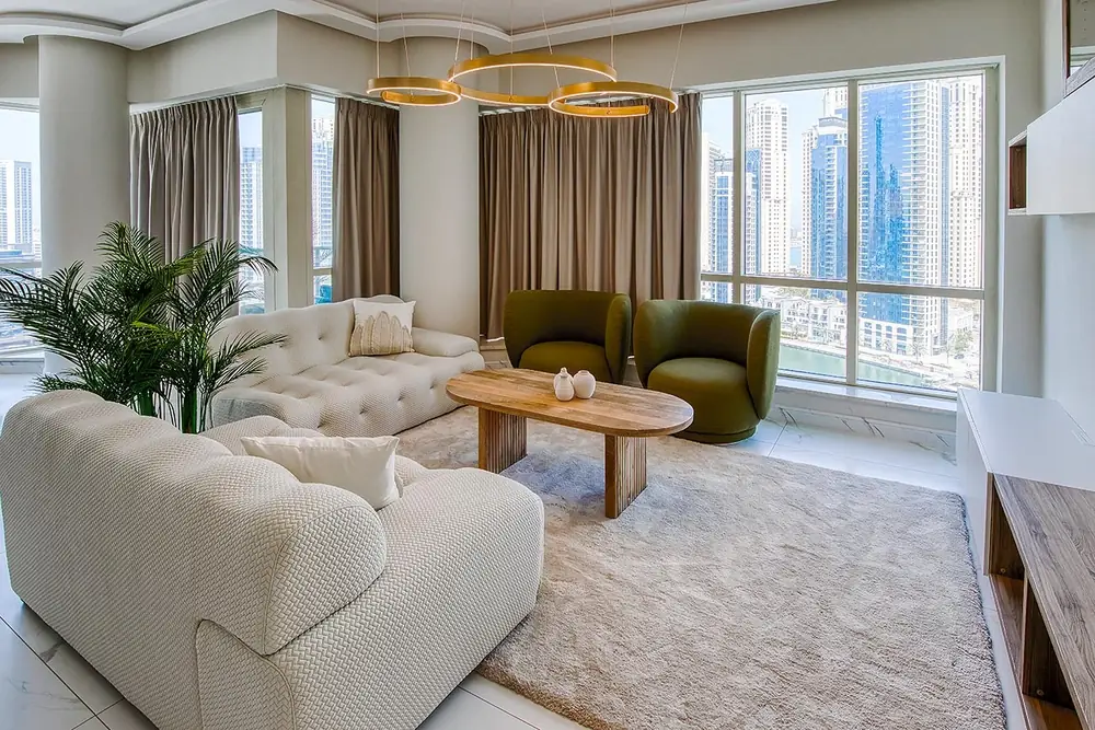 Living room with Blindtex curtains in Dubai Marina
